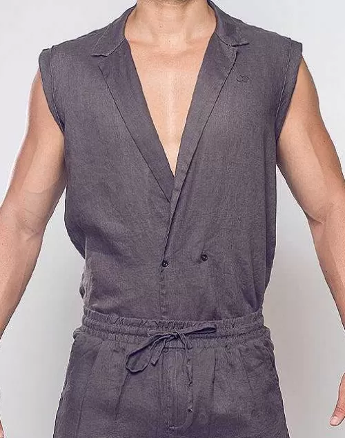 Breezy Linen Single Button Wrap Vest-Dark Gray^2EROS Best Sale